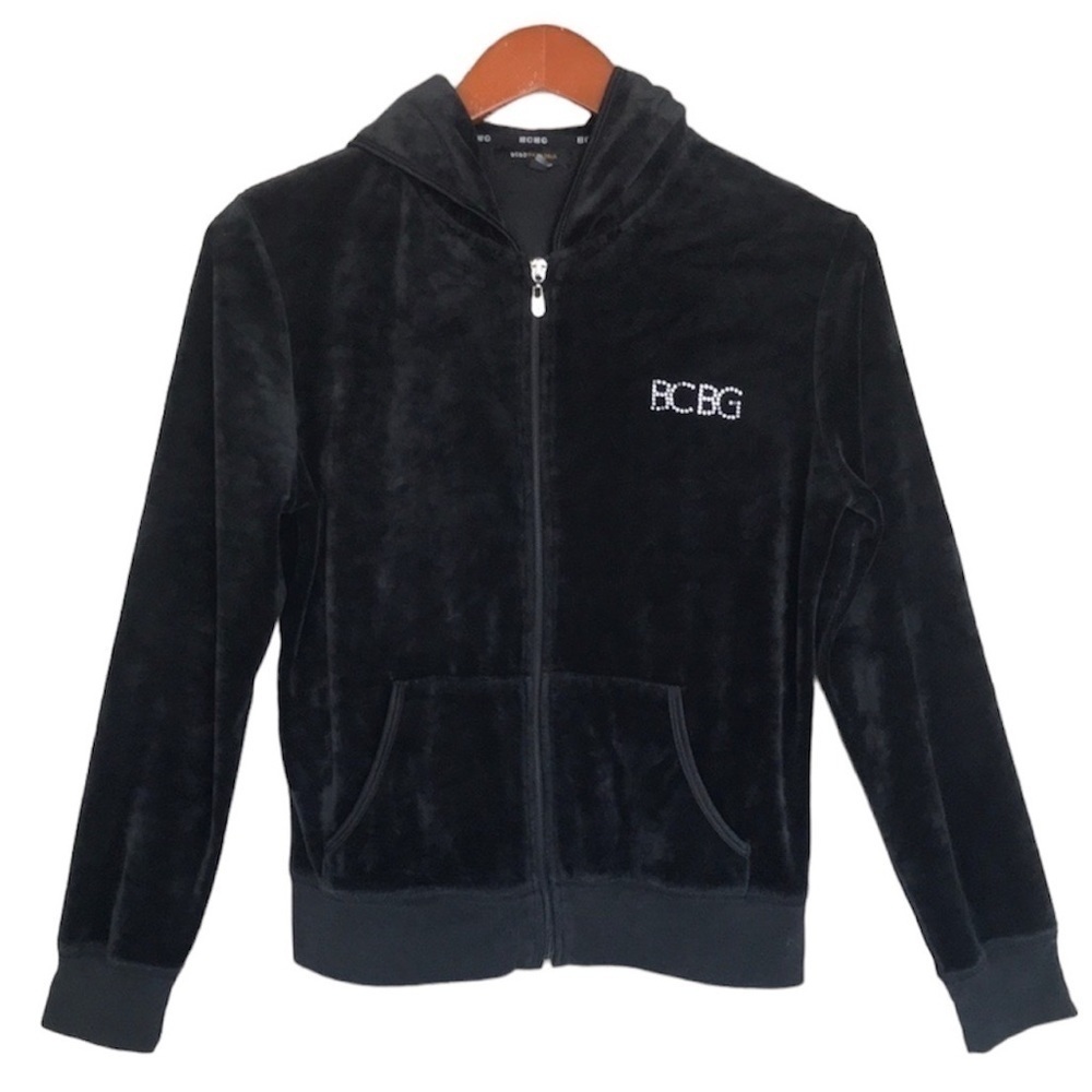 BCBGMaxAzria Black Velour Rhinestone Logo Zip-Up Hooded Jacket Medium - Picture 13 of 13